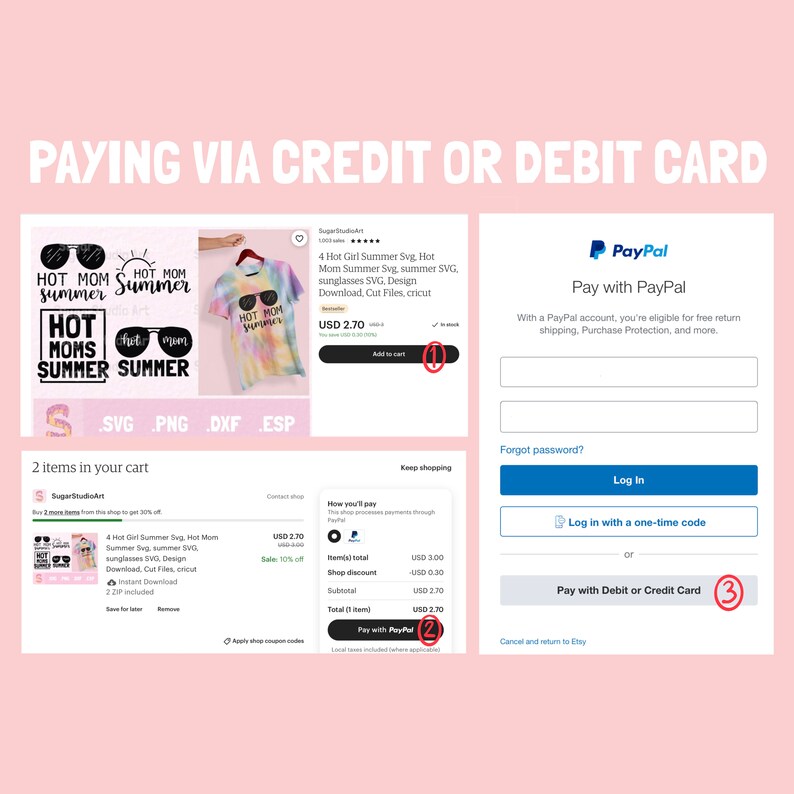 Puede incluir: Una captura de pantalla de una tienda de Etsy que vende archivos SVG digitales. La imagen incluye una lista de productos para un dise&ntilde;o "Hot Mom Summer", un resumen del carrito de compras y opciones de pago a trav&eacute;s de PayPal o tarjeta de d&eacute;bito/cr&eacute;dito. El texto incluye "PAYING VIA CREDIT OR DEBIT CARD."