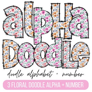 Watercolor Flowers Doodle letters, Hand Drawn Doodle Alpha Bundle Patterned Numbers & Alphabet Doodle Set Sublimation Font Alpha Set Designs