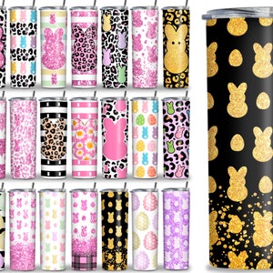 May include: Set of 20 colorful stainless steel tumblers with various Easter-themed designs. The designs include pink glitter, leopard print, bunny silhouettes, and pastel eggs.