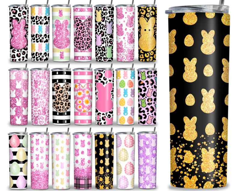 May include: Set of 20 colorful stainless steel tumblers with various Easter-themed designs. The designs include pink glitter, leopard print, bunny silhouettes, and pastel eggs.