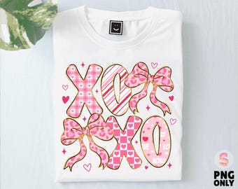 Coquette Valentines XOXO PNG, Trendy Valentine's Day Png, Pink Valentine, Girly Checkered Bow Png, Vday Sublimation Design, Digital Download