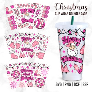 Pink Christmas SVG, No Hole Cold Cup Svg Wrap, Christmas Cold Cup Svg, Christmas Svg Wrap, Merry and bright svg, Cute Christmas Svg, Retro