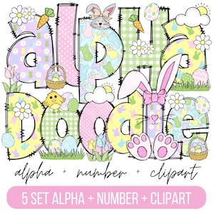Letras do alfabeto do dia de Páscoa PNG pacote # 2, clipart de Páscoa png, letras de Doodle de coelho, Doodle desenhado à mão, conjuntos alfa de sublimação PNG
