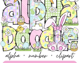 Könnte beinhalten: Ein farbenfrohes Oster-Themen-Grafik mit den Wörtern "ALPHA" und "DADDY" in großen, dekorativen Buchstaben. Die Buchstaben sind mit Mustern, Hasen, Eiern und Blumen gefüllt. Der Text "alpha + number + clipart" und "5 SET ALPHA + NUMBER + CLIPART" ist ebenfalls enthalten.