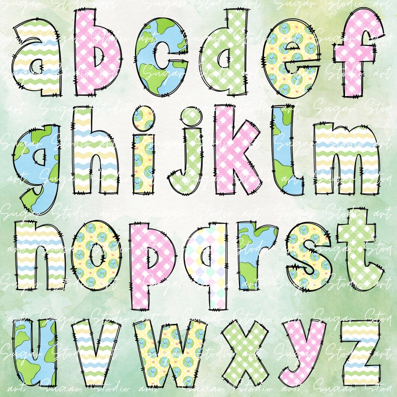 May include: A colorful alphabet with each letter decorated with a different pattern, including polka dots, stripes, and a globe design. The letters are outlined in black and have a stitched look.