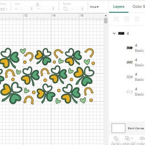 May include: A digital design of a pattern of green shamrocks, yellow horseshoes, and green hearts on a white background. The design is in a digital design program with layers labeled "Basic Cut".