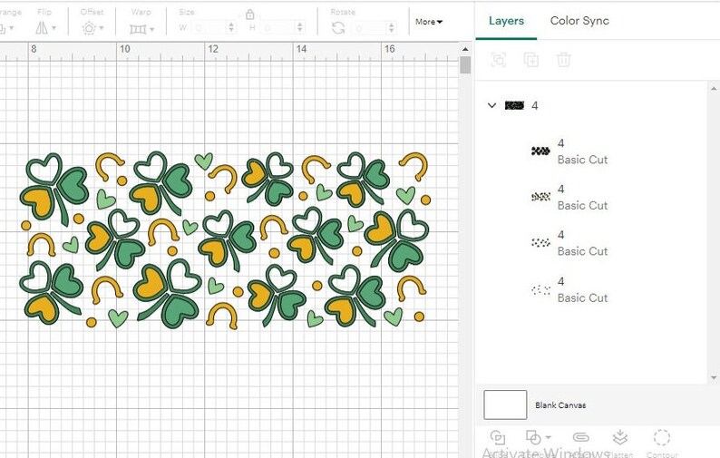 May include: A digital design of a pattern of green shamrocks, yellow horseshoes, and green hearts on a white background. The design is in a digital design program with layers labeled "Basic Cut".