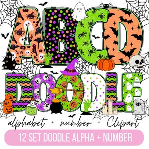 Könnte beinhalten: Ein Set mit 12 Halloween-Doodle-Alphabet- und Zahlen-Clipart-Bildern. Die Buchstaben sind in verschiedenen Farben und Mustern gehalten, darunter Grün, Orange, Lila und Schwarz. Die Buchstaben sind mit Halloween-Elementen wie Geistern, Fledermäusen, Spinnen und Kürbissen verziert.