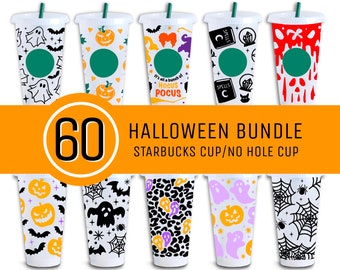 Lot de 60 coupes Halloween sans trou, coupe froide Starbucks Venti, SVG Halloween, coupe wrap svg, tasse 24 oz, citrouille SVG, SVG effrayant