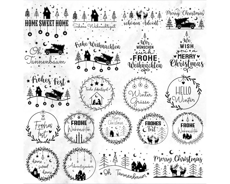 May include: Black and white illustrations of Christmas-themed wreaths, ornaments, and greetings. The illustrations include phrases like "Home Sweet Home", "Frohe Weihnachten", "Merry Christmas", and "Winter Gr&uuml;sse".