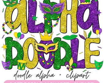 Mardi Gras Glitter Doodle Alfabet, Clipart PNG-filer (digital nedladdning)