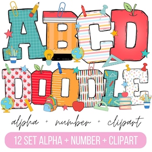 Retro Back to School Teacher Doodle Alphabet Bundle, Teacher PNG Letters, Numbers & Accessories, Back to school Clipart, School Font