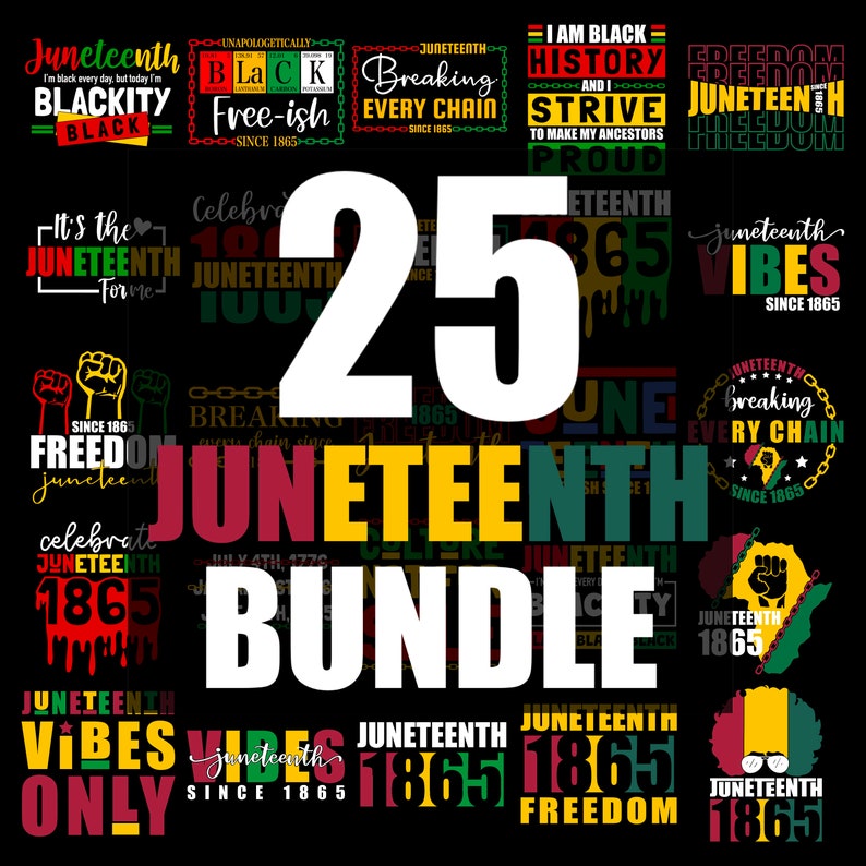 Pu&ograve; includere: Un collage digitale di 25 diversi design che celebrano il Juneteenth, una festa che commemora l'emancipazione degli afroamericani schiavizzati negli Stati Uniti. I design presentano vari testi e grafiche, tra cui la data "1865", le parole "Juneteenth", "Freedom", "Breaking Every Chain" e "Juneteenth Vibes".