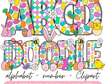 Easter Day Alphabet Letters PNG Bundle V3, Easter Clipart png, Bunny Doodle letters , Hand Drawn Doodle, Sublimation Alpha Set Designs PNG