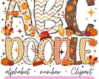 May include: A set of six alphabet letters and numbers in a doodle style with a fall theme. The letters are A, B, C, D, O, O, and L, and the numbers are 1, 2, 3, 4, 5, and 6. The letters and numbers are decorated with fall-themed patterns, such as pumpkins, leaves, and acorns. The letters and numbers are outlined in black and have a white background.