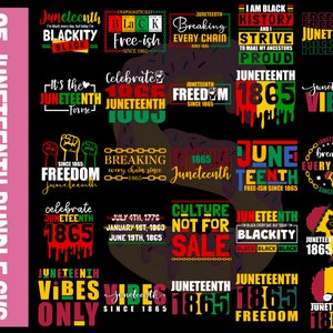 Pu&ograve; includere: Un set di 25 file SVG digitali con design di Juneteenth. I design includono testo, grafica e illustrazioni in nero, rosso, verde e giallo. Il testo include frasi come "Juneteenth", "Freedom", "Blackity", "Breaking Every Chain" e "Juneteenth Vibes".