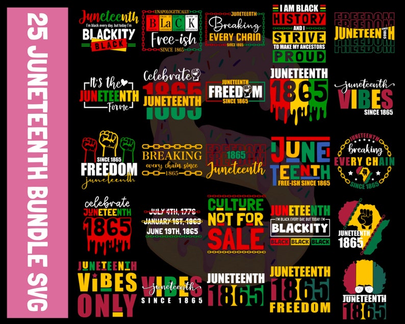 Pu&ograve; includere: Un set di 25 file SVG digitali con design di Juneteenth. I design includono testo, grafica e illustrazioni in nero, rosso, verde e giallo. Il testo include frasi come "Juneteenth", "Freedom", "Blackity", "Breaking Every Chain" e "Juneteenth Vibes".
