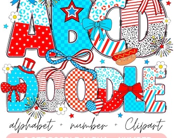 4. Juli Alphabet Set PNG, patriotisch, Doodle Letters mit der amerikanischen Flagge, Vorlage Alphabet, Doodle Letters, Retro American Flagge USA Coquette