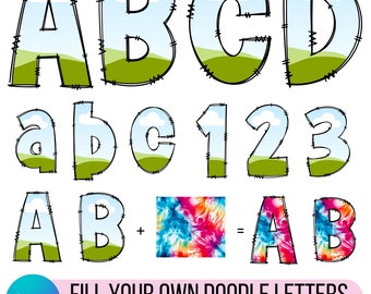 May include: A set of printable doodle letters and numbers with a sky and grass background. The letters are A, B, C, D, a, b, c, 1, 2, and 3. The letters are outlined in black and can be colored in. The text "FILL YOUR OWN DOODLE LETTERS" is at the bottom of the image. The text "DRAG & DROP EASY USE COMMERCIAL USE" is below the text "FILL YOUR OWN DOODLE LETTERS".