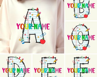 Custom Name Alphabet Teacher Name Png, Cartoon Back To School Png, Apple Pencil Png, Teacher Png, Groovy Pencil Png, Cartoon School Png