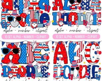 Patriotic Doodle Alphabet Bundle, 4th of July Clipart PNG, Numbers & Accessories, Red White Blue Sublimation,Flag Alphabet,Alpha Set Designs