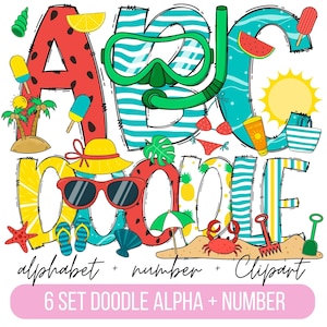 Pacote de letras do alfabeto de verão PNG, clipart de verão png, letras de Doodle de praia, fonte de verão, Doodle desenhado à mão, conjuntos alfa de sublimação