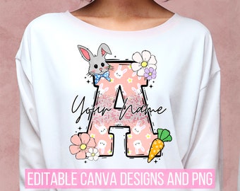 Easter Bunny Doodle Letter PNG, Add Your Own Name, CANVA Template, Personalized Custom Name design for Family and Kids Shirt, Spring Design