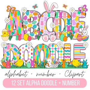 Pacote de letras do alfabeto do dia da Páscoa PNG, Clipart de Páscoa png, Letras de Doodle de coelho, Doodle desenhado à mão, Designs de conjunto alfa de sublimação PNG
