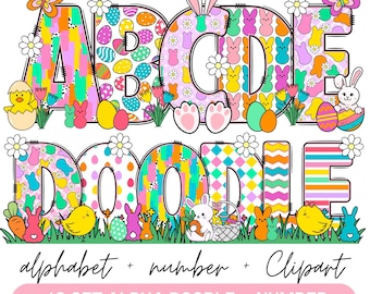 Easter Day Alphabet Letters PNG Bundle, Easter Clipart png, Bunny Doodle letters , Hand Drawn Doodle, Sublimation Alpha Set Designs PNG