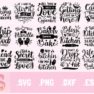 Op de afbeelding: Een set van 12 zwart-witte SVG-snijbestanden met citaten over bakken. De citaten zijn: "Baking Queen", "Stir It", "All You Need Is Love and Cupcakes", "It's Getting Hot In Here", "Can't Touch This", "Whip It Good", "Too Hot To Handle", "Bakers Gonna Bake", "Bless This Kitchen", "This Kitchen Is Seasoned With Love", "Spread The Love", "The Secret Ingredient Is Always Love", "No Bitchen In My Kitchen", "Don't Drop It Cause It's Hot", and "Life Is What You Bake It".