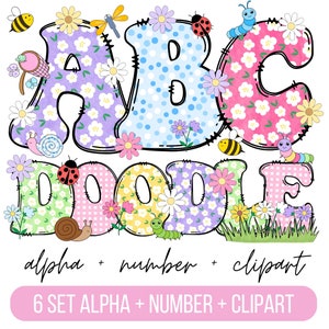 Pacote de letras do alfabeto floral de primavera PNG, clipart de primavera png, insetos de primavera, aquarela de flores, doodle desenhado à mão, conjunto alfa de sublimação PNG