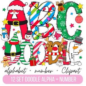 Christmas Doodle Alphabet Bundle, Santa PNG Letters, Numbers & Accessories, Christmas Clipart, Christmas Font, snowman doodle png, Reindeer