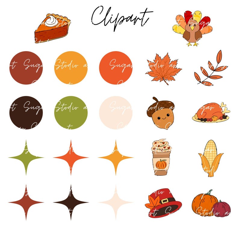 Pu&ograve; includere: Un set di immagini clipart digitali con temi del Ringraziamento. Le immagini includono una torta, un tacchino, una cornucopia, una foglia autunnale, una tazza di caff&egrave;, una zucca e un'esplosione di stelle. Le immagini sono di vari colori, tra cui arancione, marrone, rosso e giallo.
