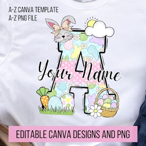 Letra PNG de garabato de conejito de Pascua, agregue su propio nombre, plantilla CANVA, diseño de nombre personalizado para camisa de familia y niños, diseño de primavera