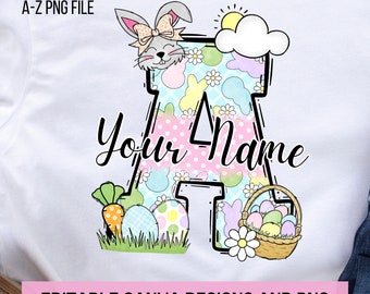 Easter Bunny Doodle Letter PNG, Add Your Own Name, CANVA Template, Personalized Custom Name design for Family and Kids Shirt, Spring Design