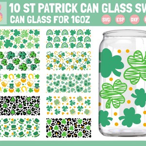 May include: 10 St. Patrick's Day can glass SVG designs for 16oz cans. The designs feature various patterns with shamrocks, hearts, rainbows, leprechauns, and hats.  SVG, ESP, DXF, and PNG file formats are included.