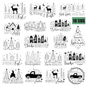 May include: A set of 18 black and white SVG Christmas illustrations featuring various winter scenes, including a deer, a Christmas tree, a house, and a truck. The illustrations include German text such as "Frohes Fest", "Winterzauber", and "Weihnachtszauber".