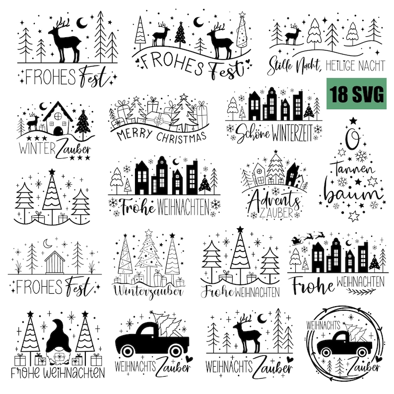 May include: A set of 18 black and white SVG Christmas illustrations featuring various winter scenes, including a deer, a Christmas tree, a house, and a truck. The illustrations include German text such as "Frohes Fest", "Winterzauber", and "Weihnachtszauber".