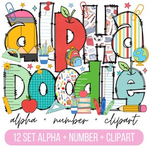 Pacote de alfabeto Doodle de professor de escola, letras, números e acessórios PNG de professor, clipart de volta às aulas, fonte da escola, doodle de professor png