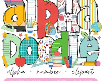 School Teacher Doodle Alphabet Bundle, Teacher PNG Letters, Numbers & Accessories, Back to school Clipart, School Font, Teacher doodle png