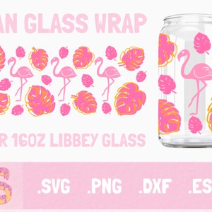 Puede incluir: Diseño de envoltura de lata de vidrio Libbey de 473 ml con flamencos rosas y hojas tropicales. El diseño incluye los formatos de archivo .SVG, .PNG, .DXF y .ESP.