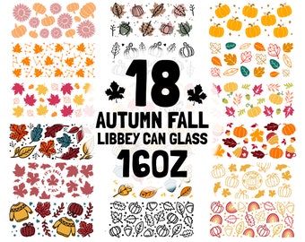 SVG-bestand met herfstthema voor blikjes en glazen, met herfstbladeren en pompoenontwerpen (digitale download)