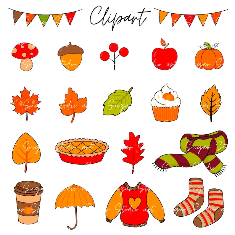 Pu&ograve; includere: Un set di 16 illustrazioni clipart a tema autunnale. Le illustrazioni includono una zucca, foglie, una torta, un cupcake, una sciarpa, un maglione, una tazza di caff&egrave;, una ghianda, un fungo, una mela rossa, un grappolo di bacche rosse e una fila di bandiere.