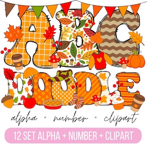 Paquete de alfabeto Doodle de otoño, letras PNG de otoño, números y accesorios, imágenes prediseñadas de otoño, fuente de otoño, doodle de Acción de Gracias png, calabaza
