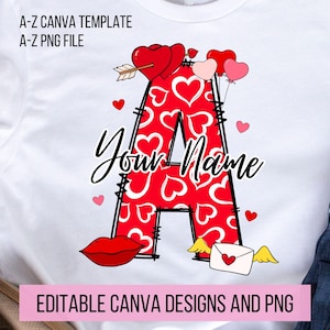 Letra de garabato de corazones rosas editable para el día de San Valentín, plantilla de Canva, crea tu propio nombre, personaliza el diseño de nombre personalizado para camiseta Png, A-Z