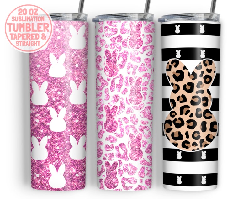 May include: Three 20 ounce sublimation tumblers with different designs. The first tumbler has a pink glitter background with white bunny silhouettes. The second tumbler has a pink glitter background with white bunny silhouettes in a leopard print pattern. The third tumbler has black and white stripes with a white bunny silhouette in a leopard print pattern.