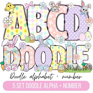 Pacote de letras do alfabeto do dia da Páscoa PNG, Clipart de Páscoa png, Letras de Doodle de coelho, Doodle desenhado à mão, Designs de conjunto alfa de sublimação PNG
