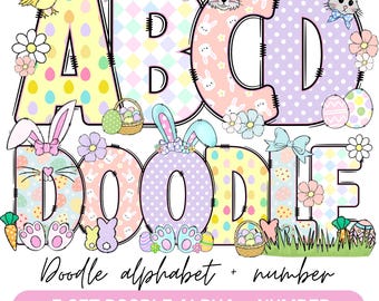 Easter Day Alphabet Letters PNG Bundle, Easter Clipart png, Bunny Doodle letters , Hand Drawn Doodle, Sublimation Alpha Set Designs PNG