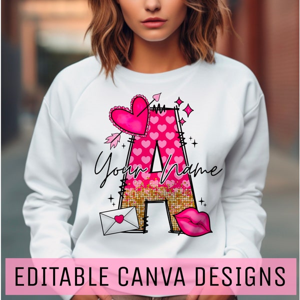 Editable Valentine's Day Pink Hearts Doodle Letter, Canva Template, Make your Own Name, Personalise Custom Name Design For Shirt Png, A-Z