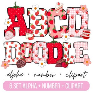 Zestaw alfabetu truskawkowego Doodle, litery PNG z owocami letnimi, cyfry i akcesoria, clipart truskawkowy, czcionka truskawkowa Doodle PNG